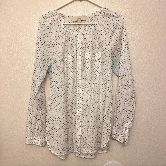 LOFT white semi sheer micro polka dot blouse preppy coastal summer top -M - Picture 1 of 11